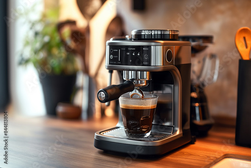 Modern espresso machine in a kitchen brewing a fresh cup of coffee with rich aroma and crema