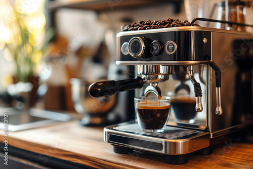 Espresso machine on kitchen countertop with coffee cup and beans for perfect morning brewing