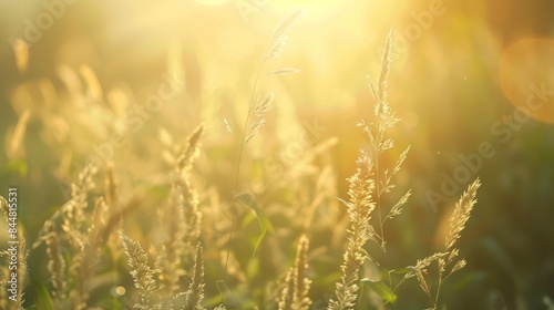 Defocused rays of golden light dance through a lush green meadow creating a warm and inviting atmosphere. The soft whispers of the wind gently stir the tall blades of grass adding .