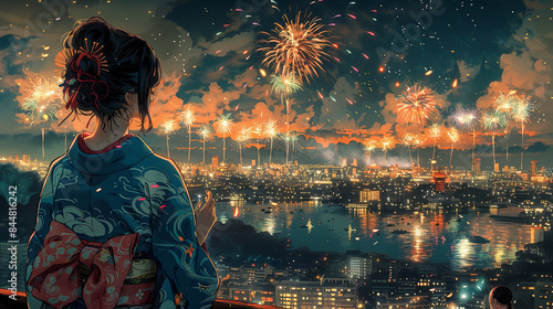 花火大会を楽しむ浴衣姿の女性 Woman in yukata enjoying a fireworks display