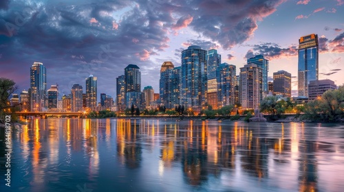 A panoramic view of the Calgary skyline at dusk, showcasing the citys skyscrapers reflected in the Bow River