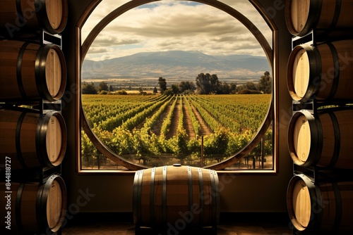 Scenic perspective of vineyard landscape seen from the interior of a rustic barrel room
