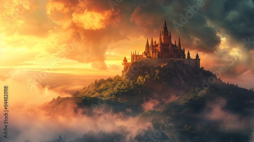 A breathtaking view of a fairytale castle nestled high on a hill, bathed in the golden glow of a setting sun and shrouded in ethereal mist