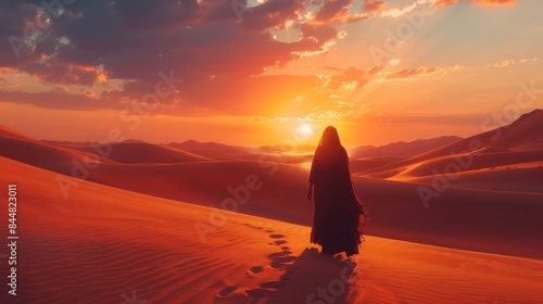 Majestic Arabian woman walking through endless desert sands at sunset, minimalist panoramic background with vibrant, saturated colors
