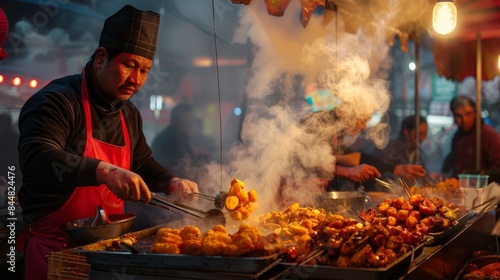 A street food vendor diligently cooks delicious snacks over a hot grill in a bustling night market. Smoke rises from the sizzling food, creating a tempting aroma