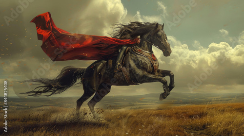 A gallant horse in superhero attire, with a flowing cape, rearing up on its hind legs in a dramatic pose in an open field