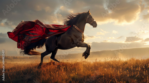 A gallant horse in superhero attire, with a flowing cape, rearing up on its hind legs in a dramatic pose in an open field
