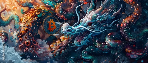 Pointillism Art, Exploring the mythical origins of cryptocurrencies, where ancient legends collide with modern finance in a digital realm., high detailed