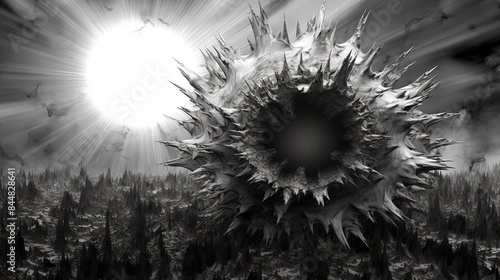 Spherical object with radially departing spikes. A solid abstract form. A surreal landscape. The world of science fiction. A black and white image against the sun or moon. Illustration for design.