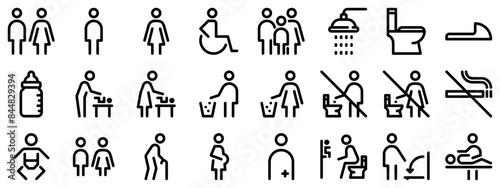 Toilet line icon set. WC outline sign. Man, woman, shower symbol. Restroom for male, female, disabled pictograms. No smoking, do not throw trash in toilet bowl. Editable stroke. Vector graphics