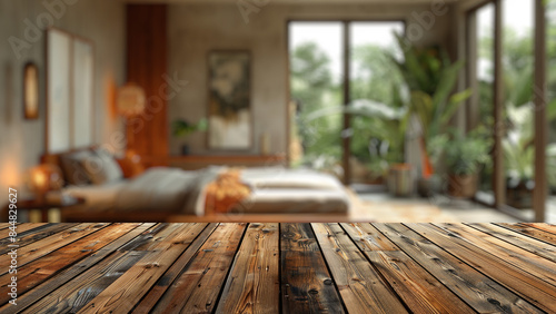 Empty wood table top with blur background of bedroom interior. The table giving copy space for placing advertising product on the table along with beautiful background.