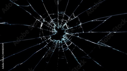 Broken glass on a dark background. After the impact, the glass surface has cracks diverging from the point of impact or bullet hit. The concept of destruction, vulnerability and fragility of existence