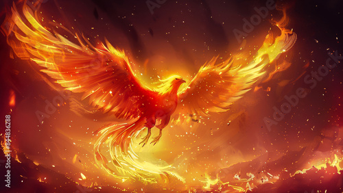 A striking image of a phoenix surrounded by fire and flames, showcasing its glowing, mythological beauty and radiant, bright wings.
