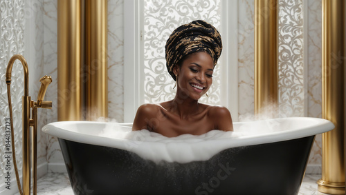 Donna di origini africane sorride felice mentre fa il bagno con tanta schiuma in una vasca in un appartamento di lusso