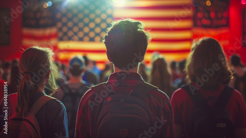 Students Pledging Allegiance. A group of students standing with their backs to the camera, facing a large American flag, in a solemn moment of pledging allegiance.