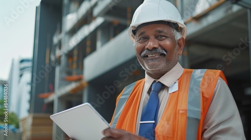 Engineering, man and tablet for solar panels, city construction photo and online plan or sustainable heating. Senior man, paperless architecture, and digital technologies save energy.