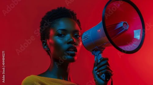 On red background, megaphone, noise, and woman in studio for vote, voice, change, transformation, and democracy. Black woman and portrait girl protesting, striking, and opining