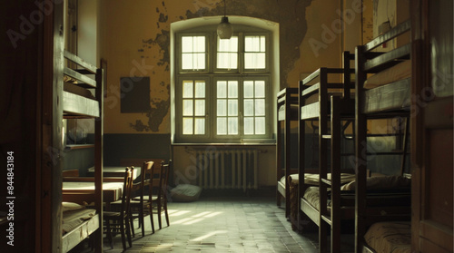 a hostel in germany in 1930s, empty with no people, cinematic 