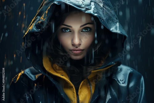 Portrait of a captivating woman wearing a hooded jacket, gazing intently amidst a heavy rain