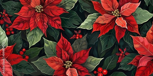 A vibrant pattern featuring red poinsettia flowers and green leaves, accented with bright red berries. The festive design is set against a dark background, enhancing its holiday appeal.