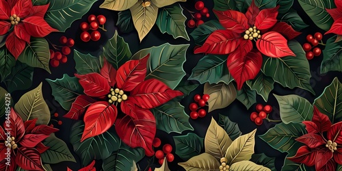 A vibrant pattern featuring red poinsettia flowers and green leaves, accented with bright red berries. The festive design is set against a dark background, enhancing its holiday appeal.