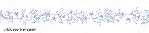 Floral seamless border with blooming branches, leaves and flowers. Hand drawn botanical pattern in line art style, beautiful flower garland. Vector illustration