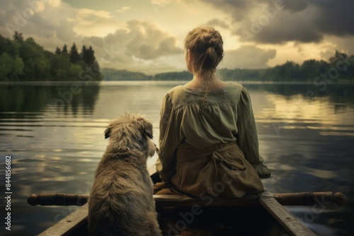 Woman and her dog enjoying a peaceful canoe trip on a calm lake amidst nature