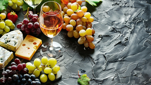 Elegant Wine and Cheese Platter with Fresh Grapes and Dark Slate Background