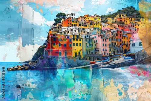 a painting of colorful houses on the coast 