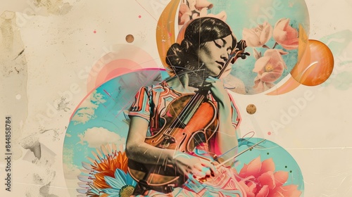 a woman playing the violin in front of a colorful background