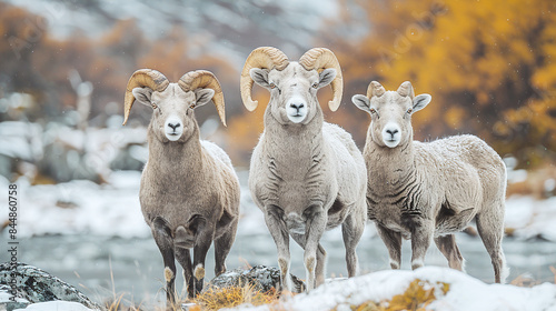 Three Majestic Bighorn Sheep Standing in Snow-Covered Rocky Terrain with Autumn Background
