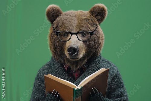 Whimsical depiction of a bear with glasses engaging in intellectual pursuits by reading a book against a green background