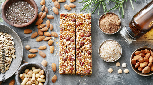 Healthy Granola Bars with Nuts Seeds on Stone Background Surrounded by Ingredients and Herbs