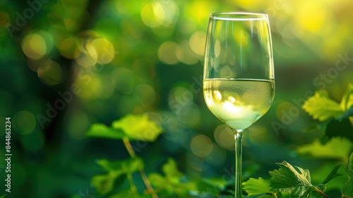 A glass of white wine amidst lush greenery with sunlight filtering through, creating a tranquil and refreshing outdoor ambiance. Perfect for relaxation.