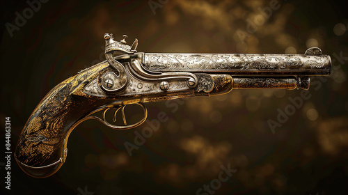 Antique Engraved Flintlock Pistol with Detailed Carvings on Dark Background Historical Weapon