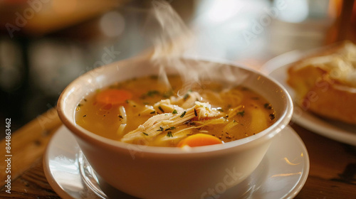 Hot chicken broth with shredded chicken on the table