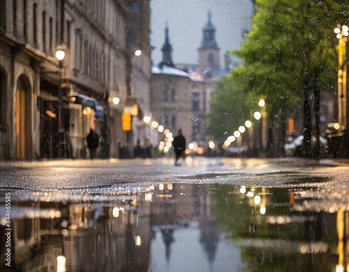 Miasto w deszczu z odbiciami w kałużach