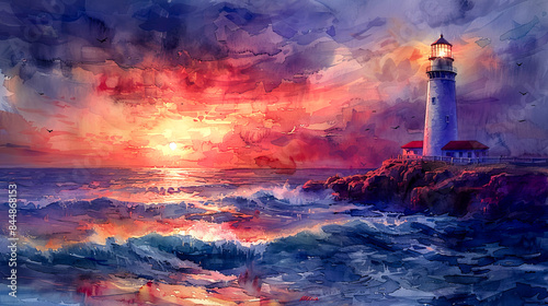 Lighthouse on the coast in watercolor