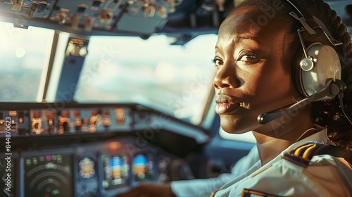 African American female pilot in an airplane cockpit. Concept of woman in aviation, pilot training, career in aviation, cockpit interior