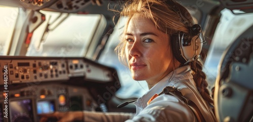 Caucasian female pilot in an airplane cockpit. Concept of woman pilot, aviation, flight control, cockpit technology