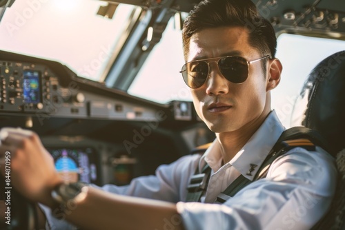 Asian man pilot in sunglasses reading documents in an airplane cockpit. Concept of aviation, pilot training, flight safety, professional pilot