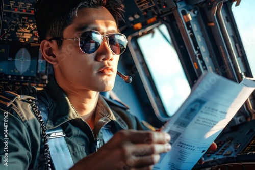 Asian male pilot in sunglasses reading documents in an airplane cockpit. Concept of aviation, pilot training, flight safety, professional pilot