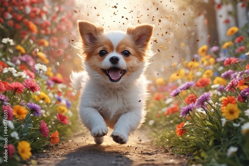Dog's Day Out: Exuberant Pup Explores a Sunlit Floral Paradise