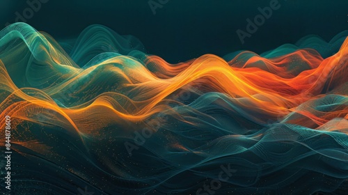 An abstract grainy gradient background transitioning from cool teal to warm orange, featuring a glowing color wave on a black noise texture backdrop. 