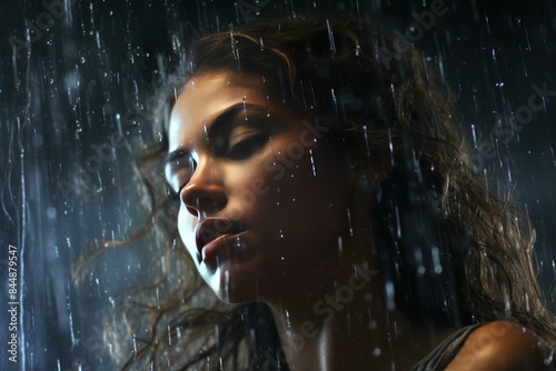 Captivating portrait of a thoughtful woman contemplating the serene beauty of nature in the rain. Surrounded by moody atmospheric water droplets. Reflective and introspective