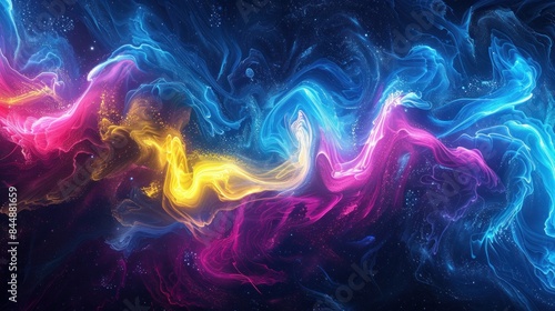 Psychedelic waves of neon yellow, electric blue, and hot pink, flowing on a dark, grainy backdrop.