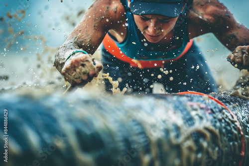 A person overcoming obstacles in an obstacle course race, with determination and grit.