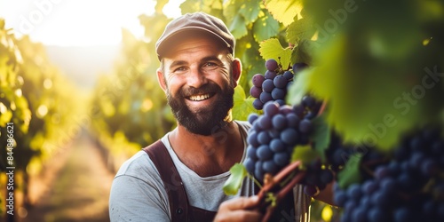 Smiling man. A winegrower is harvesting grapes. Handsome male picking holding grape. Nature outdoor background scene