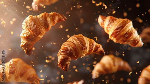 A collection of fresh and delicious croissants soaring through the air.
