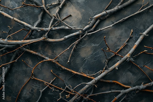 Top view of scattered dry branches on a dark, rough surface, creating a natural abstract pattern